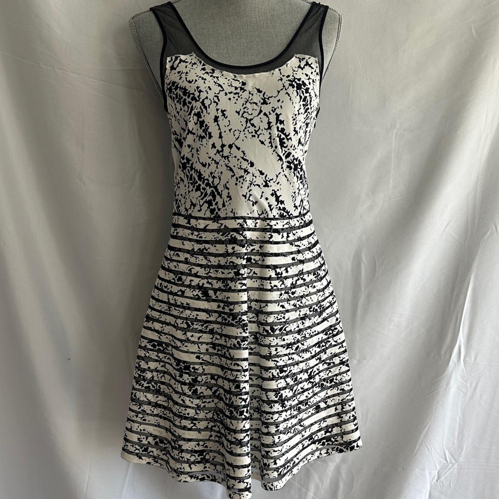 Parker Black and White Splatter Mesh-Trim Fit-and-Flare Dress